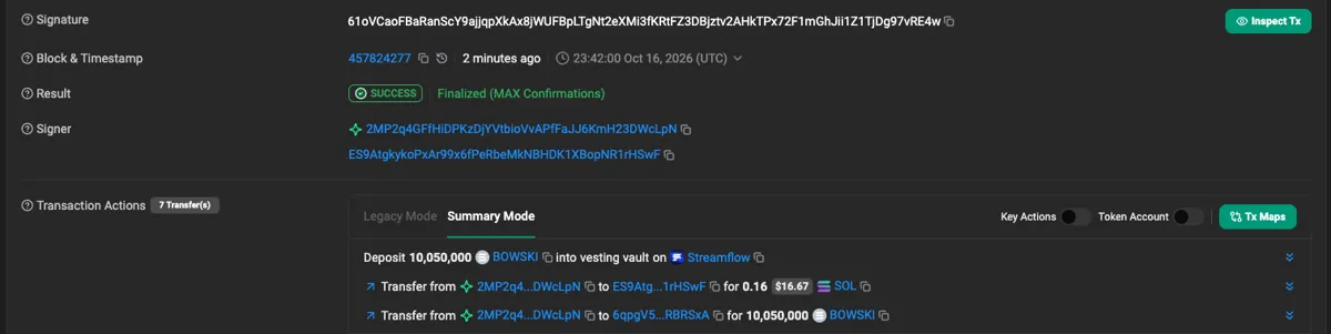 Solscan: 10,050,000 BOWSKI locked on Streamflow